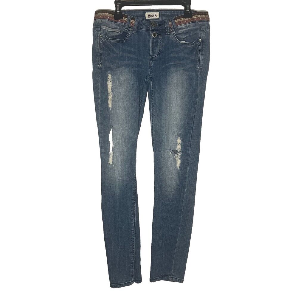 Y2K Mudd Denim Stitched On Belt Distressed Skinny Jeans Size 5 Button Fly
